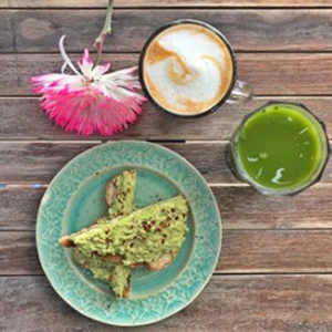  Yoga Girl Instagram meal with cappuccino matcha and pink flowers 